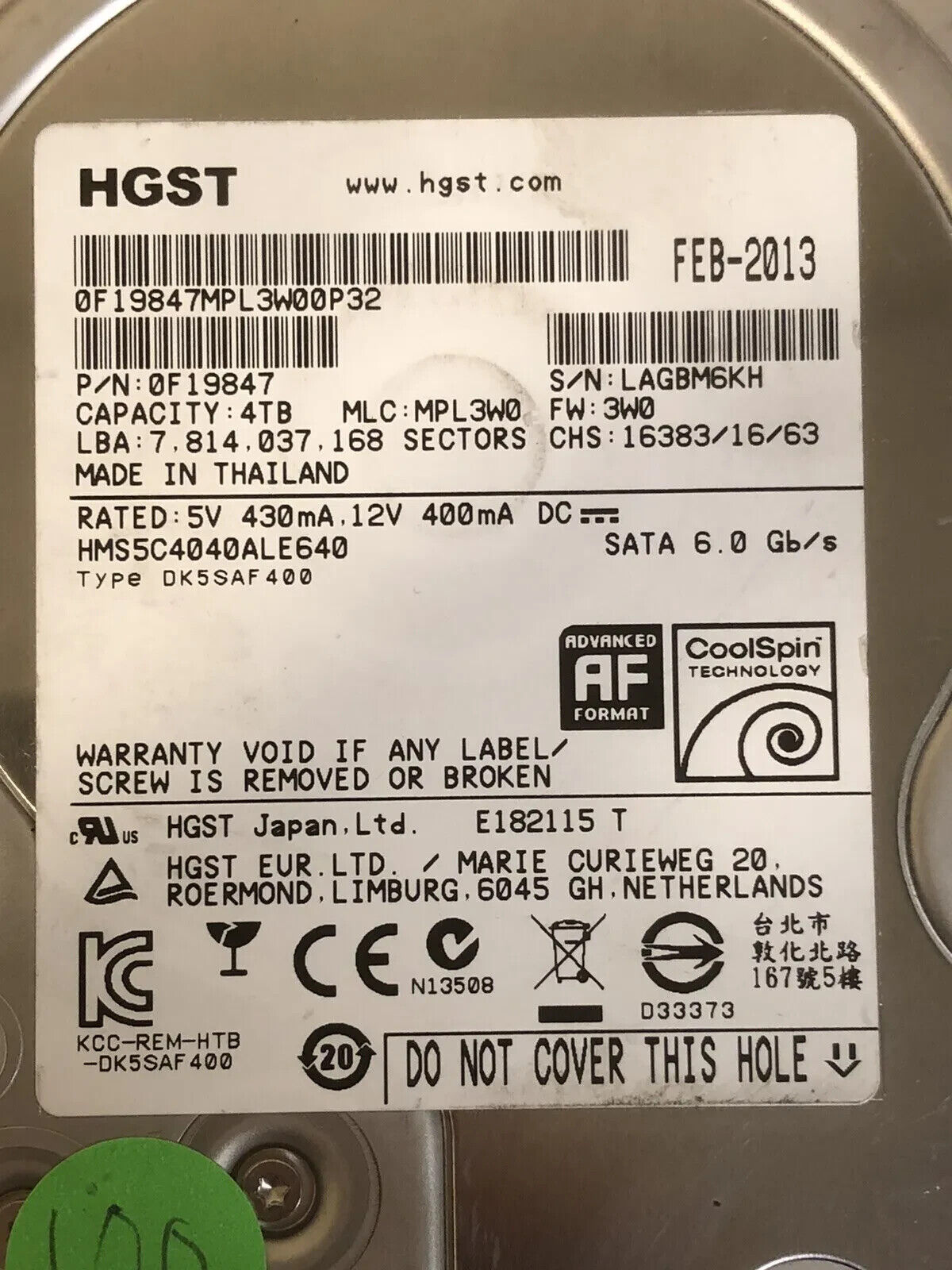 Hitachi HGST 4TB 3.5 HMS5C4040ALE640 Hard Drive HDD 0F19847 SATA  AF 512e LFF