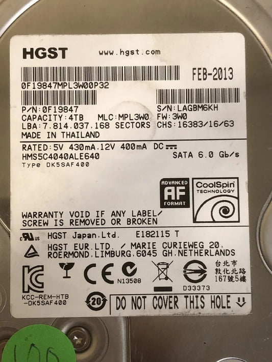 Hitachi HGST 4TB 3.5 HMS5C4040ALE640 Hard Drive HDD 0F19847 SATA  AF 512e LFF