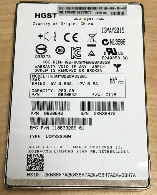 0B29642 HGST Hitachi Ultrastar HUSMM8020ASS201 200GB MLC SAS 12Gbps 2.5in SSD