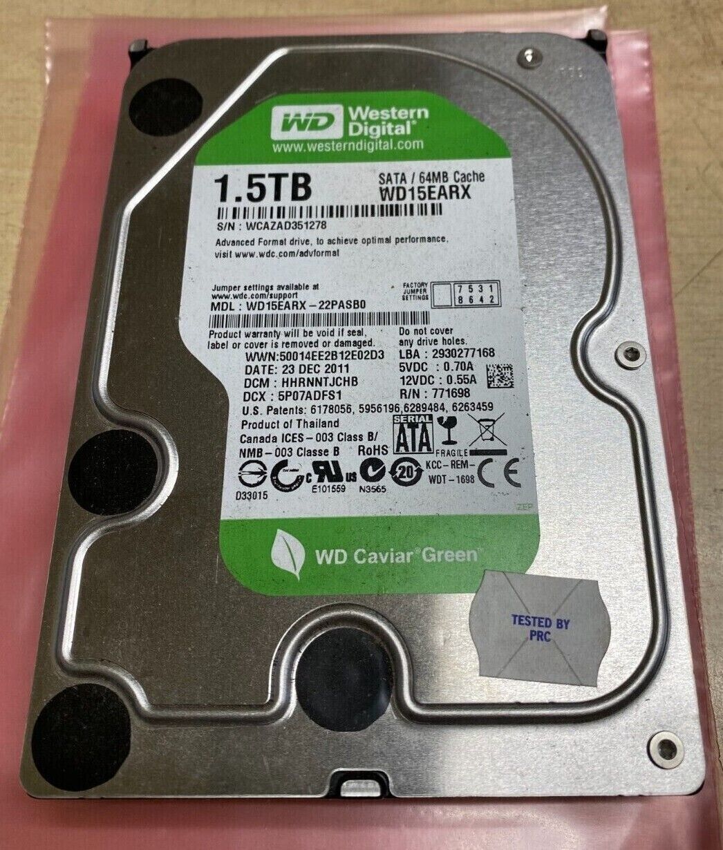 Western Digital 1.5TB SATA Internal Hard Drive 3.5" 5400RPM WD15EARX - Tested 