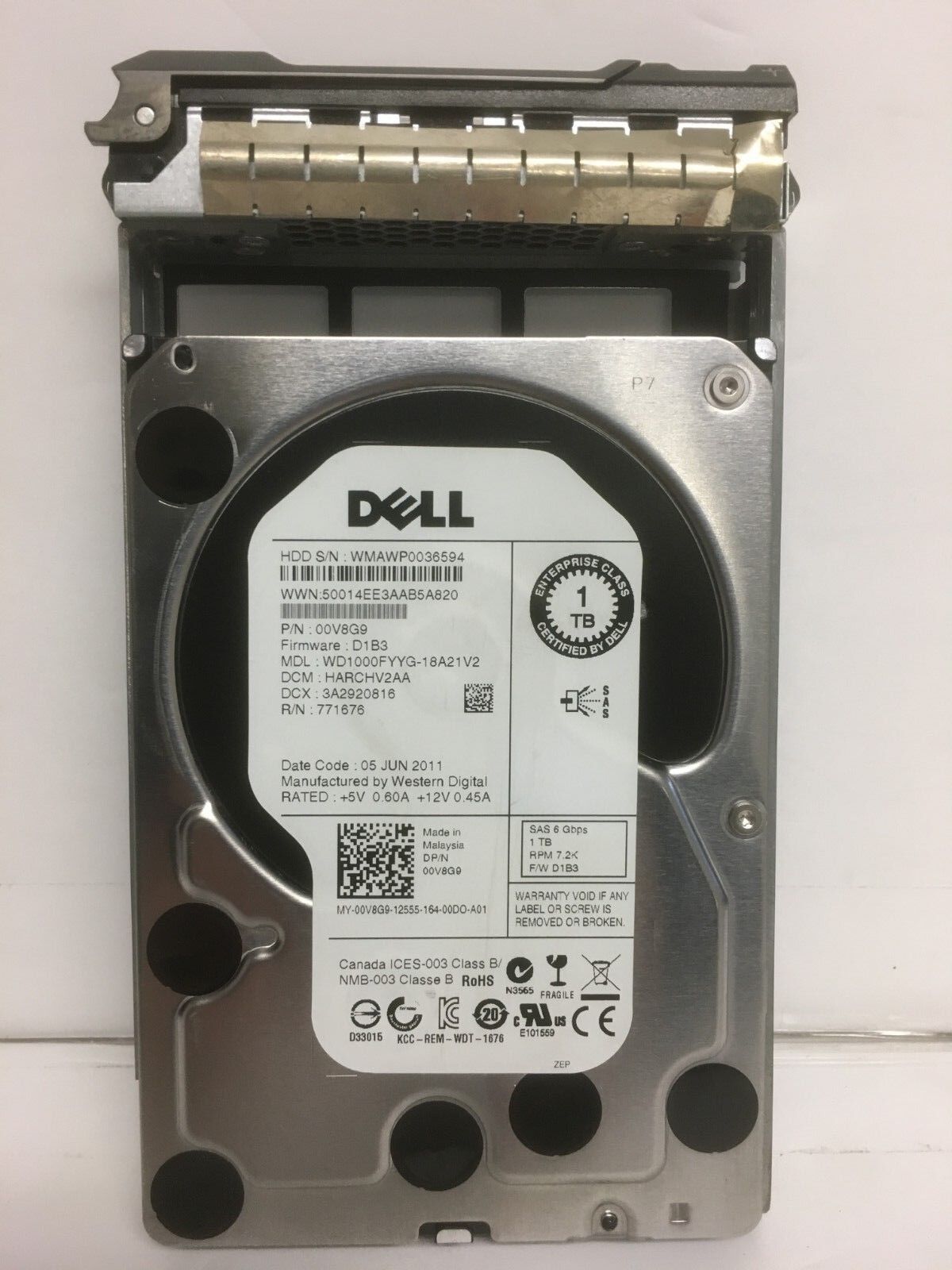 Dell 0V8G9 1TB 3.5" SAS 6Gbps Hard Drive w/ Tray Western Digital WD1000FYYG