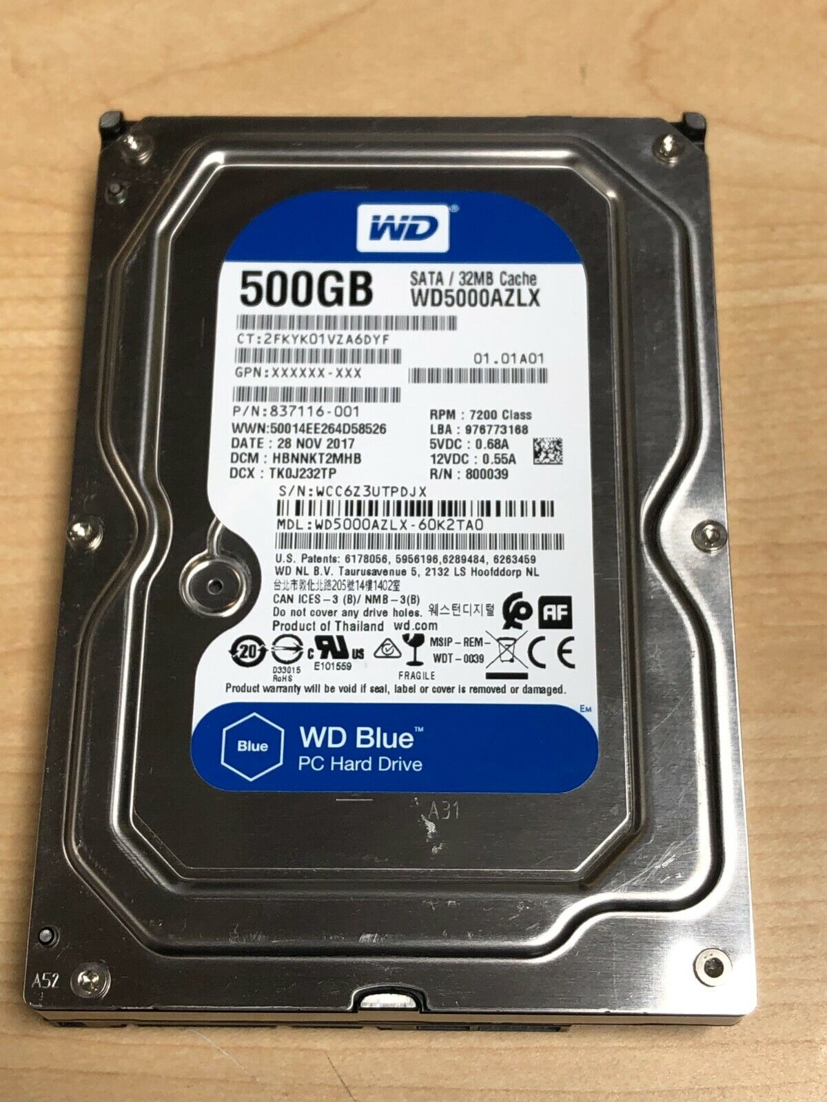 WD Blue WD5000AZLX 500GB 3.5" Internal Hard Drive SATA 7200RPM Desktop PC