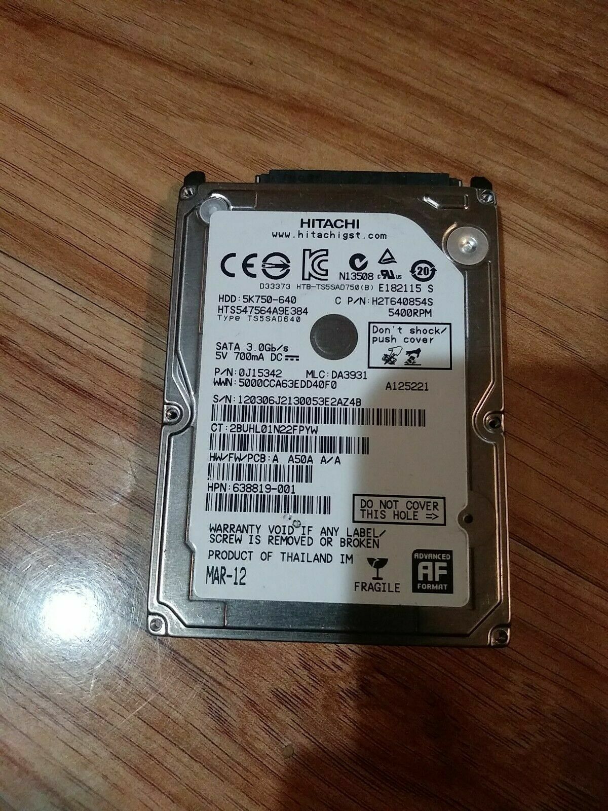 HITACHI 640GB Laptop Hard Drive HDD 2.5" 5400RPM SATA 3Gb/s 8MB 5K750-640 PC MAC