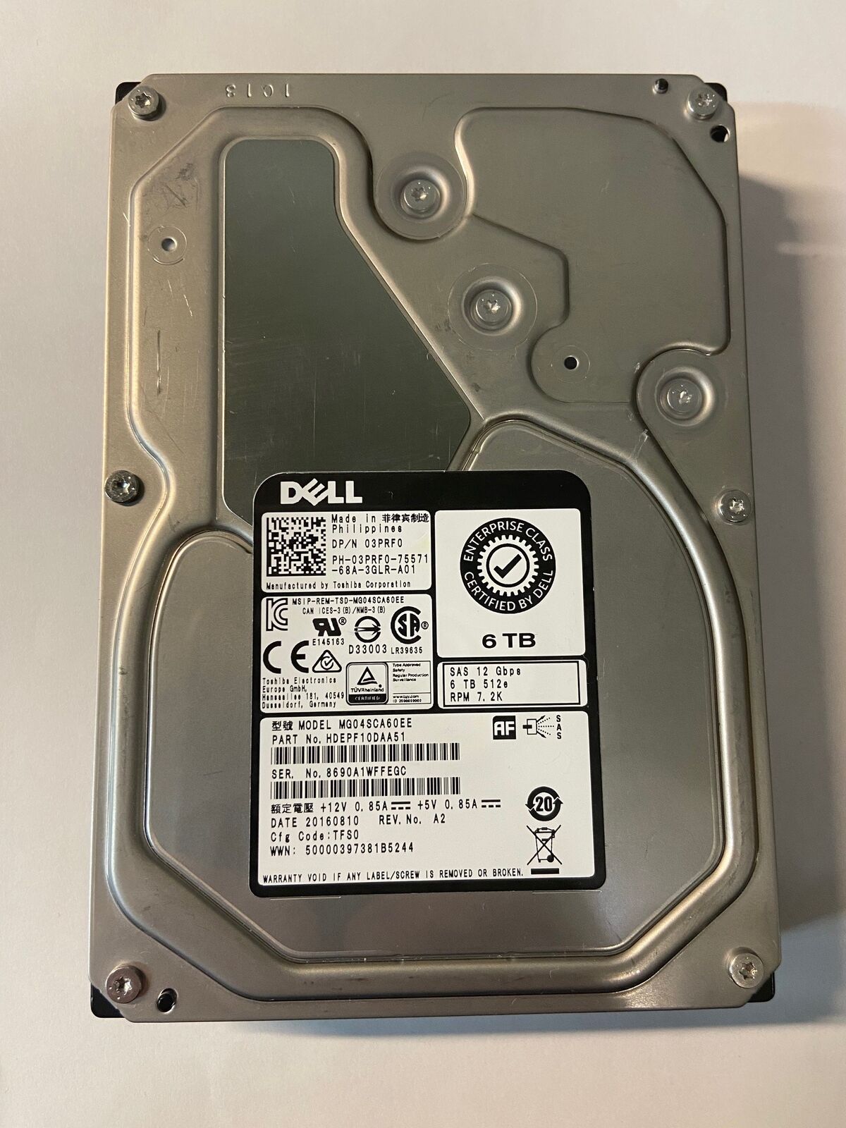 3PRF0 Dell 6TB 7.2K 12Gbps NL SAS 3.5'' HDD 03PRF0 MG04SCA60EE with Tray
