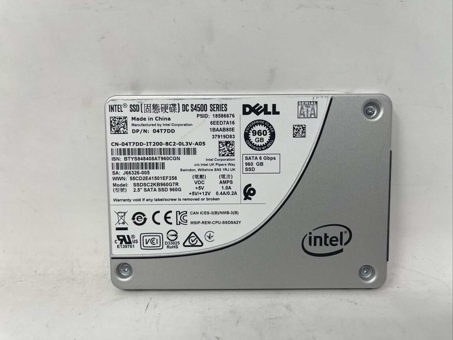 04T7DD 4T7DD DELL INTEL DC S4500 960GB SATA 6G 2.5'' SSD SSDSC2KB960G7R