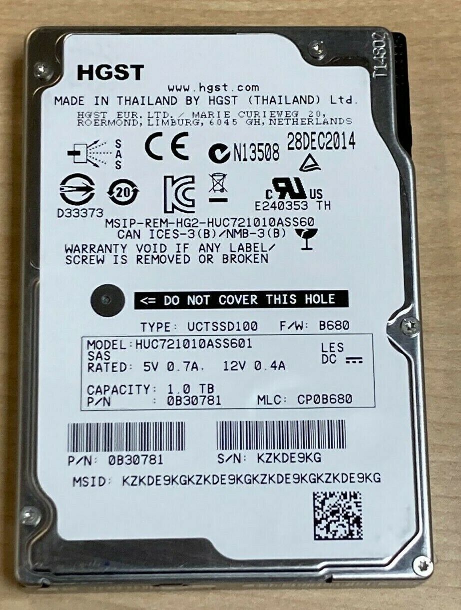 HGST 0B30781 1TB 7.2K 6Gb/s 64MB 2.5" SAS HUC721010ASS601