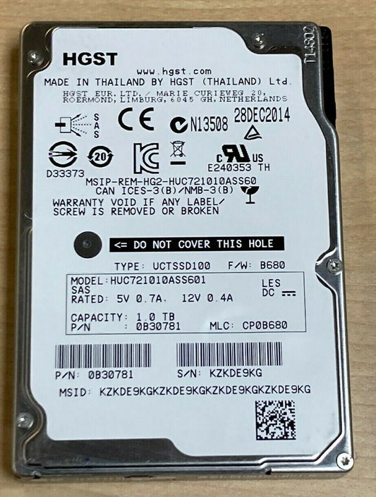 HGST 0B30781 1TB 7.2K 6Gb/s 64MB 2.5" SAS HUC721010ASS601