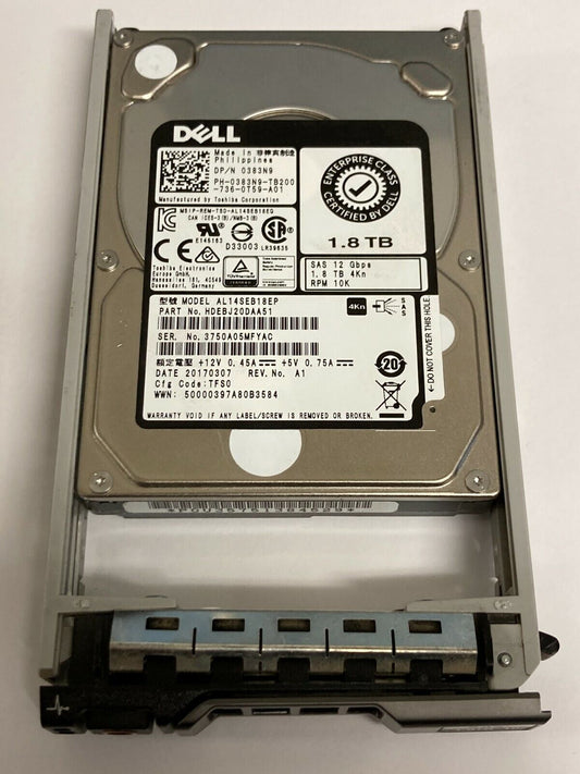 383N9 Dell 1.8TB SAS 10K 12GBPS 4KN 2.5in SFF Hard Drive 0383N9 AL14SEB18EP
