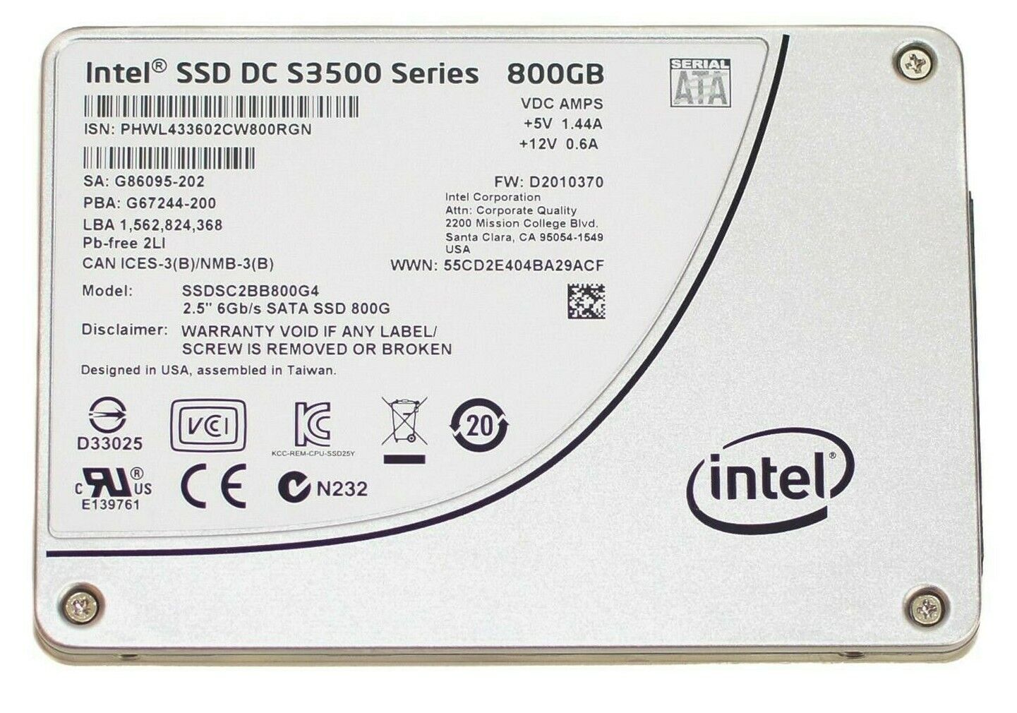 Intel 800GB SSD DC S3500 6Gb/s 2.5"  SATA SSD SSDSC2BB800G4 Solid State Drive