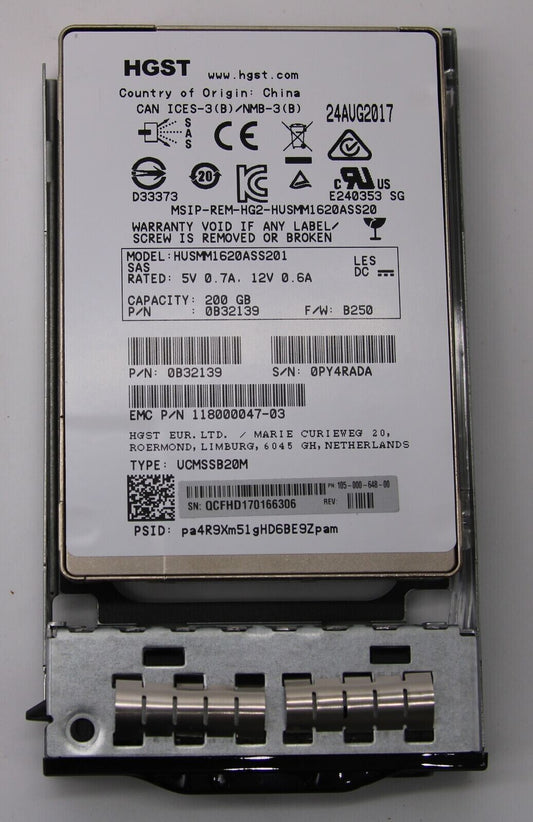 HGST 200GB Internal Server SSD 2.5" 12Gb/s SAS  HUSMM1620ASS201 0B32139