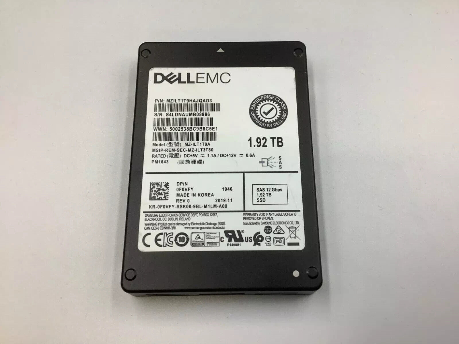 0F0VFY Dell 1.92TB 12Gbps SAS Read Intensive TLC 2.5'' SSD MZ-ILT1T9A F0VFY