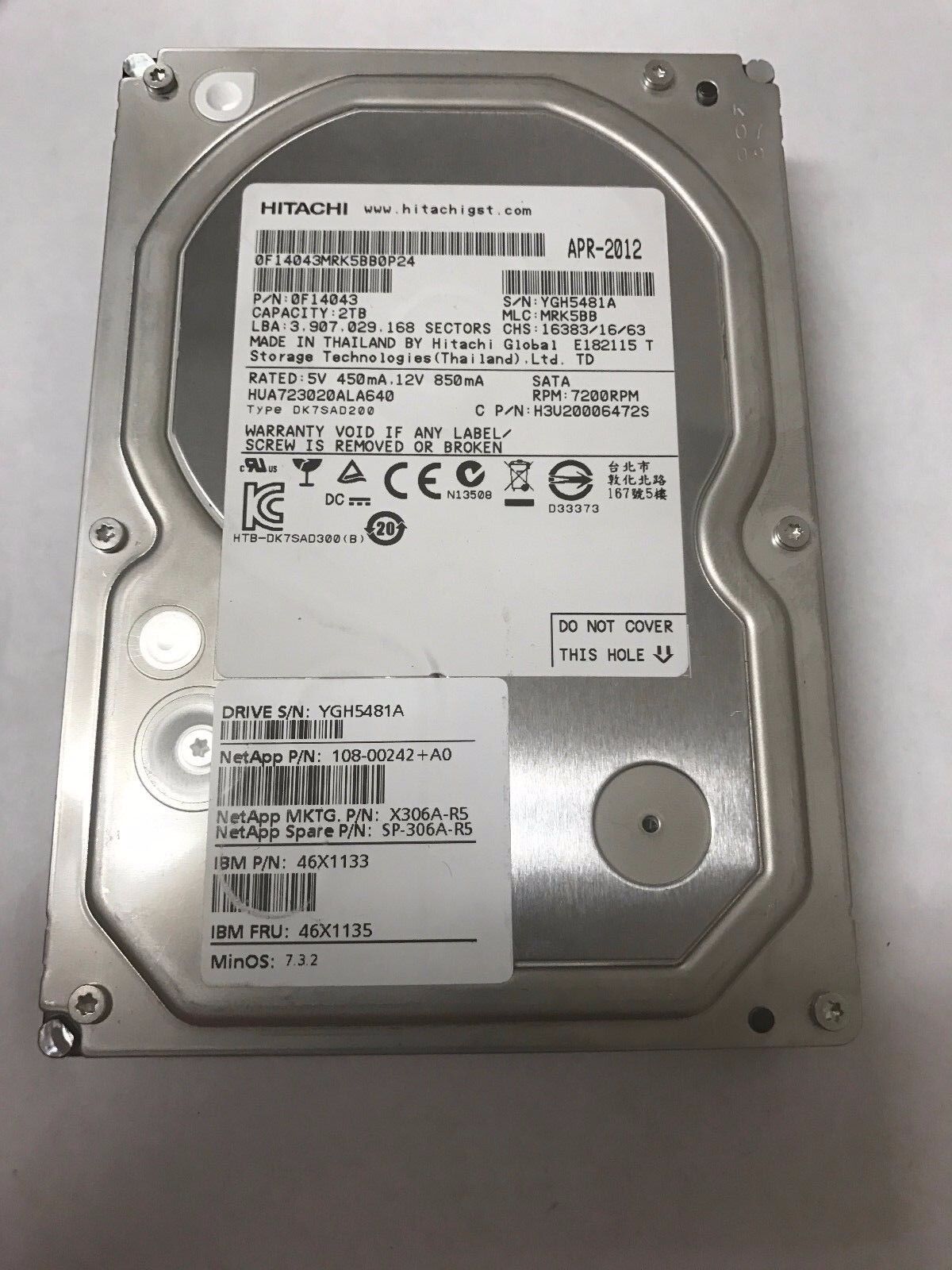 2857-4021 IBM 2TB 7.2K SATA Drive 46X1135 46X1133 NetApp 108-00242 X306A