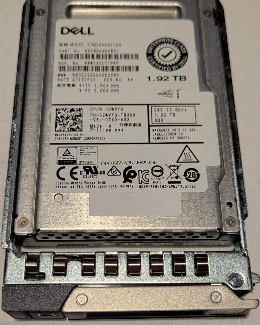 Dell 2WVYG 1.92TB SAS 12Gbps 2.5'' Internal SSD KPM5XVUG1T92 Caddy %100 health