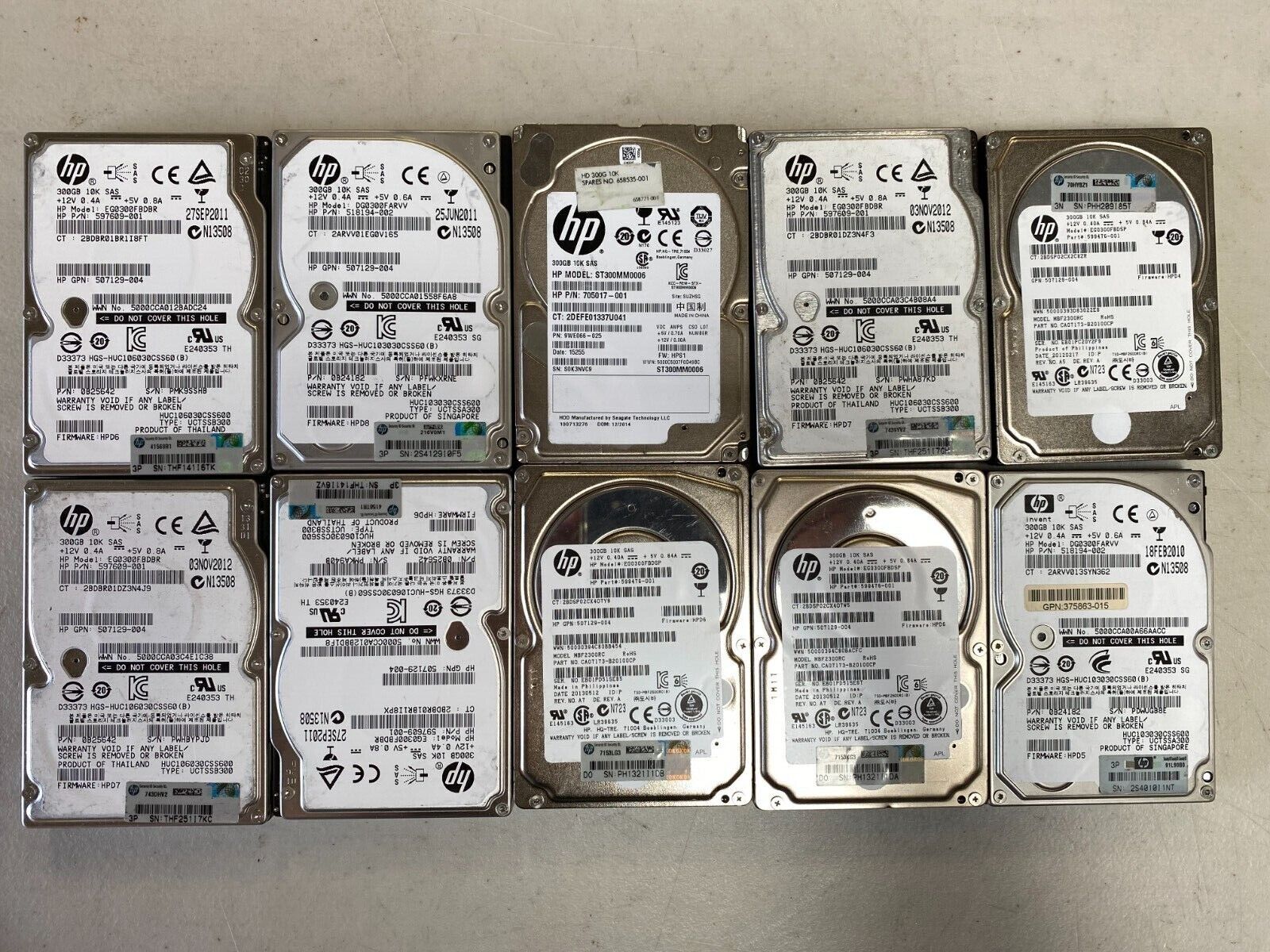 lot of 10 HPE 300GB 10K RPM 6G SAS 2.5 MIX Hard Drive 652564-B21 653955-001