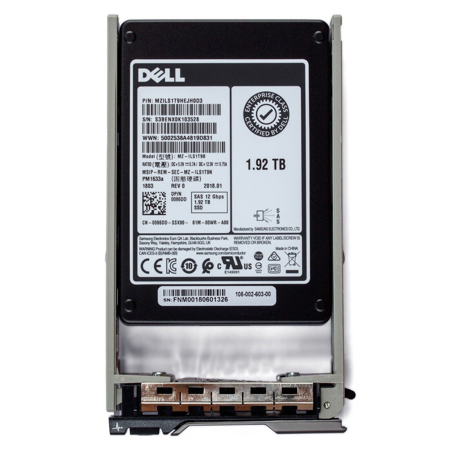 Dell 14G 1.92TB 2.5" Enterprise SAS 12Gbps Hotplug SSD Samsung PM1633a 086DD TLC