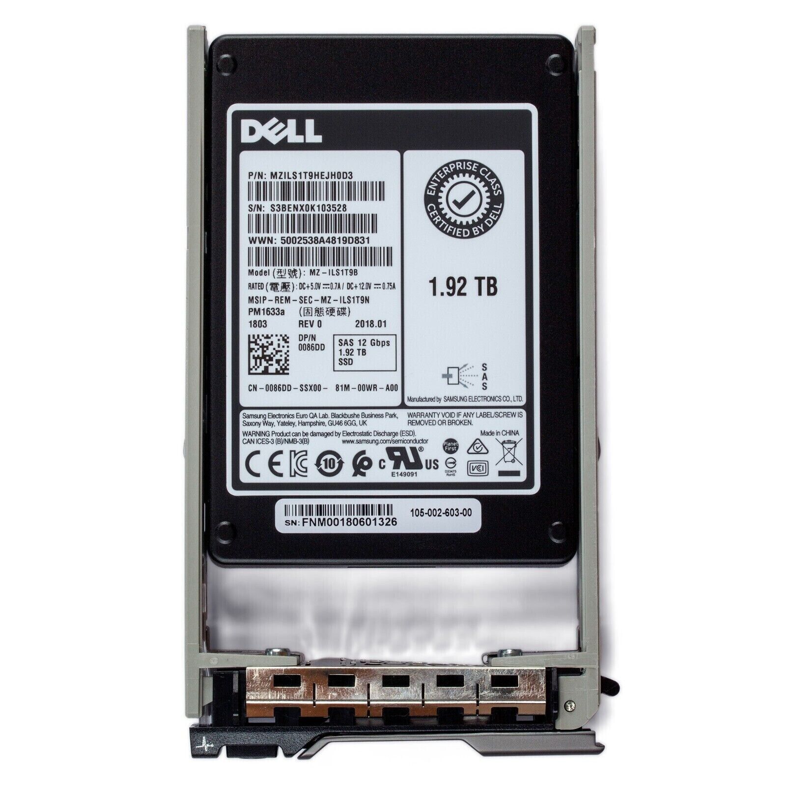 Dell 14G 1.92TB 2.5" Enterprise SAS 12Gbps Hotplug SSD Samsung PM1633a 086DD TLC