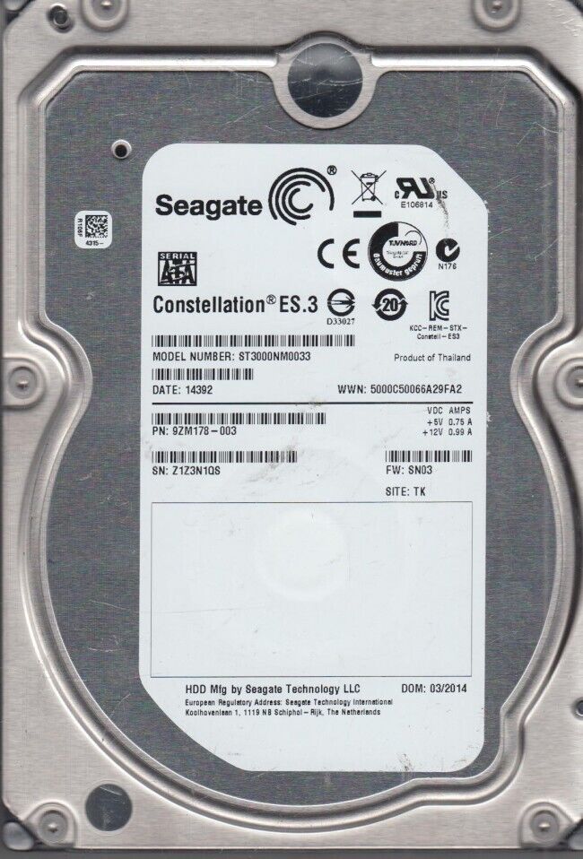 ST3000NM0033 Seagate Constellation 3TB ES.3 7.2K 3.5" 128M 6Gbps SATA Hard Drive
