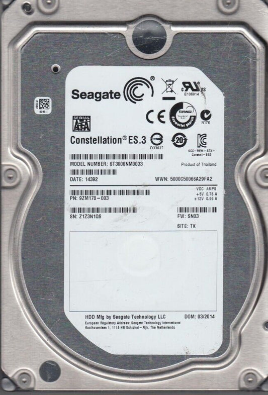 ST3000NM0033 Seagate Constellation 3TB ES.3 7.2K 3.5" 128M 6Gbps SATA Hard Drive