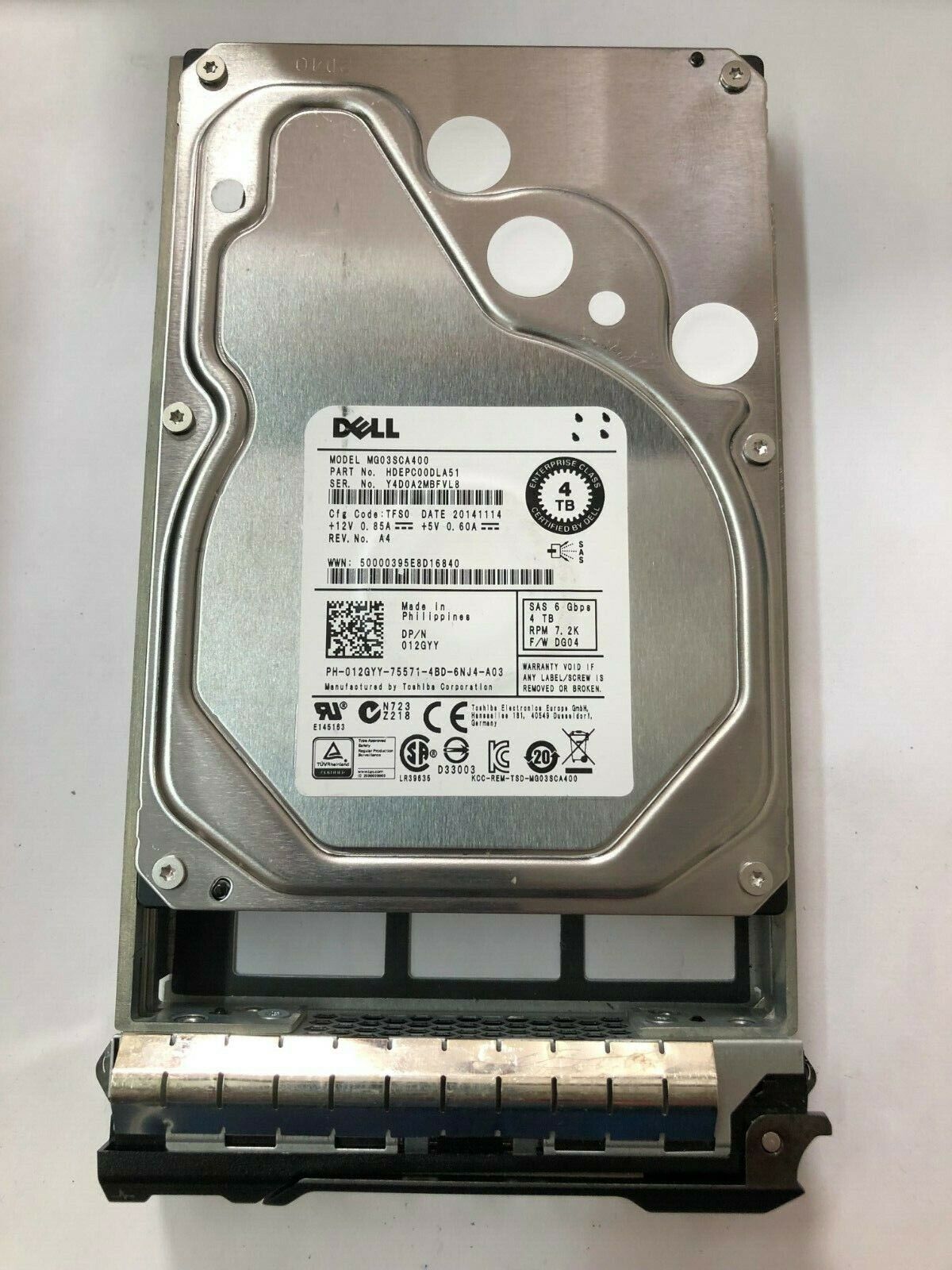 Dell 12GYY 4TB 7200RPM 3.5" SAS Hard Drive R710 R410 R720 MD1200 MG03SCA400 HDD
