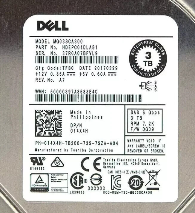 Dell 14X4H 3TB 7.2K RPM SAS 6Gbs 3.5" Hard Drive MG 03 SCA 300 w/ Caddy HDD