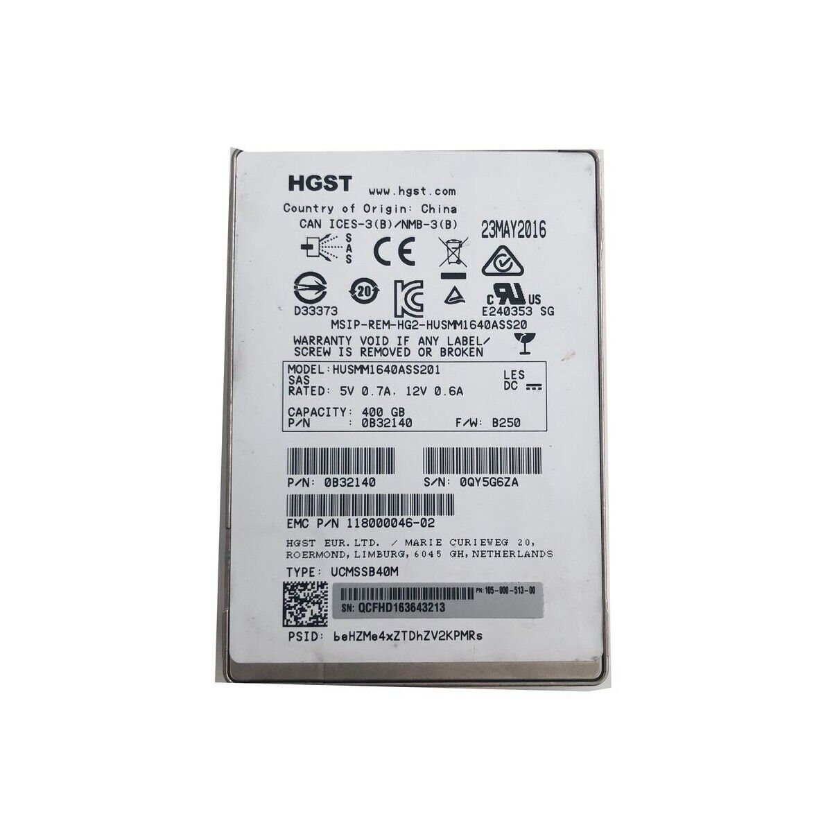 0B32140 EMC HGST 400GB 12GB/s SAS 2.5'' MLC SED SSD Solid State Drive