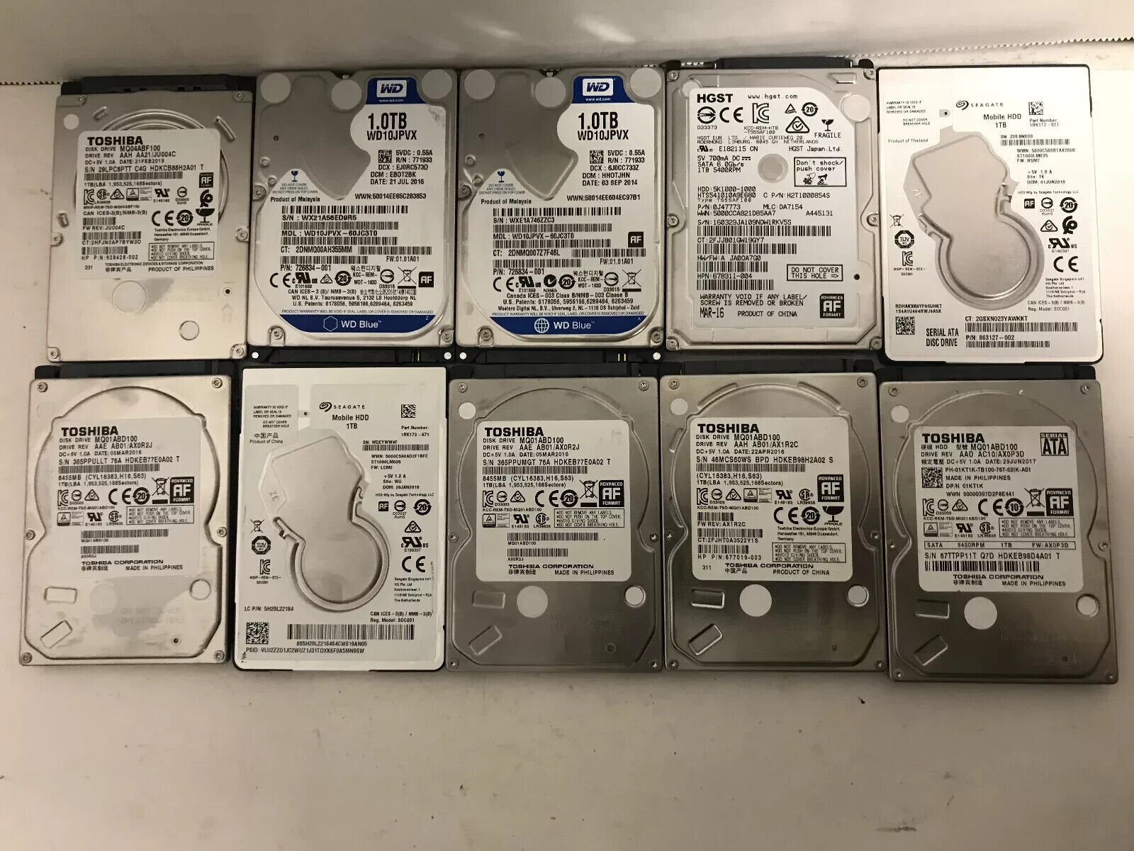 Lot of 10 Mixed Brand Mixed Speed 1TB 2.5" SATA Hard Drive HDD Tested Wiped