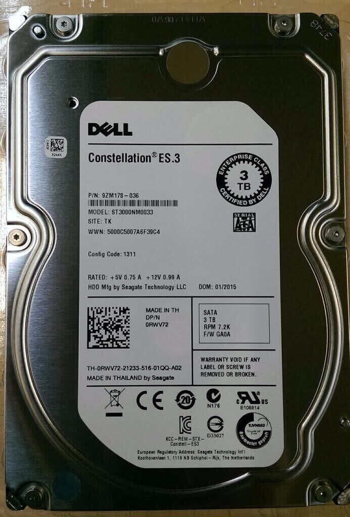 DELL 0RWV72 3TB 7.2K 3.5" SATA  SEAGATE ST3000NM0033 9ZM178-036 Enterprise HDD