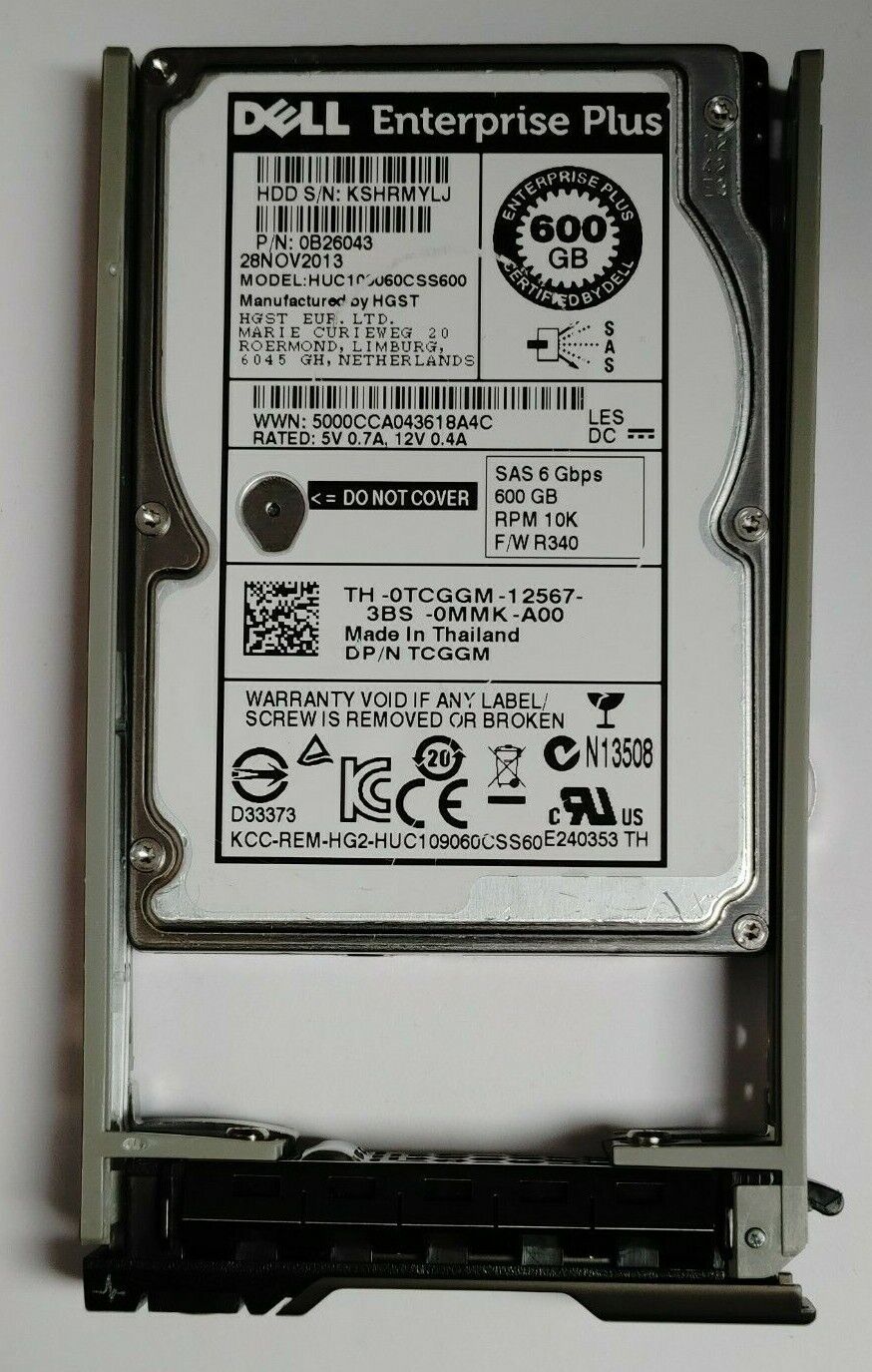 TCGGM HUC109060CSS600 DELL 600GB 10K 6G SFF 2.5" SAS HDD HARD DRIVE W/ TRAY