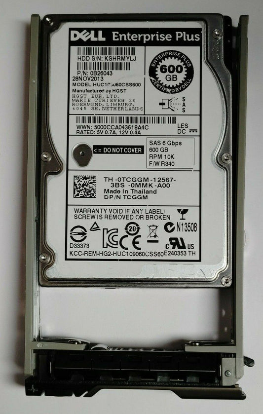 TCGGM HUC109060CSS600 DELL 600GB 10K 6G SFF 2.5" SAS HDD HARD DRIVE W/ TRAY