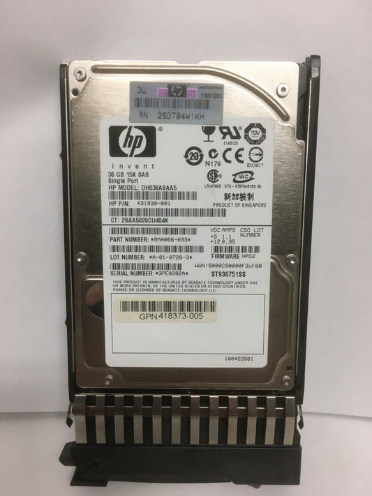 431930-001 HP 36GB 15K RPM SFF 2.5" SAS HOT PLUG SINGLE PORT HDD HARD DRIVE