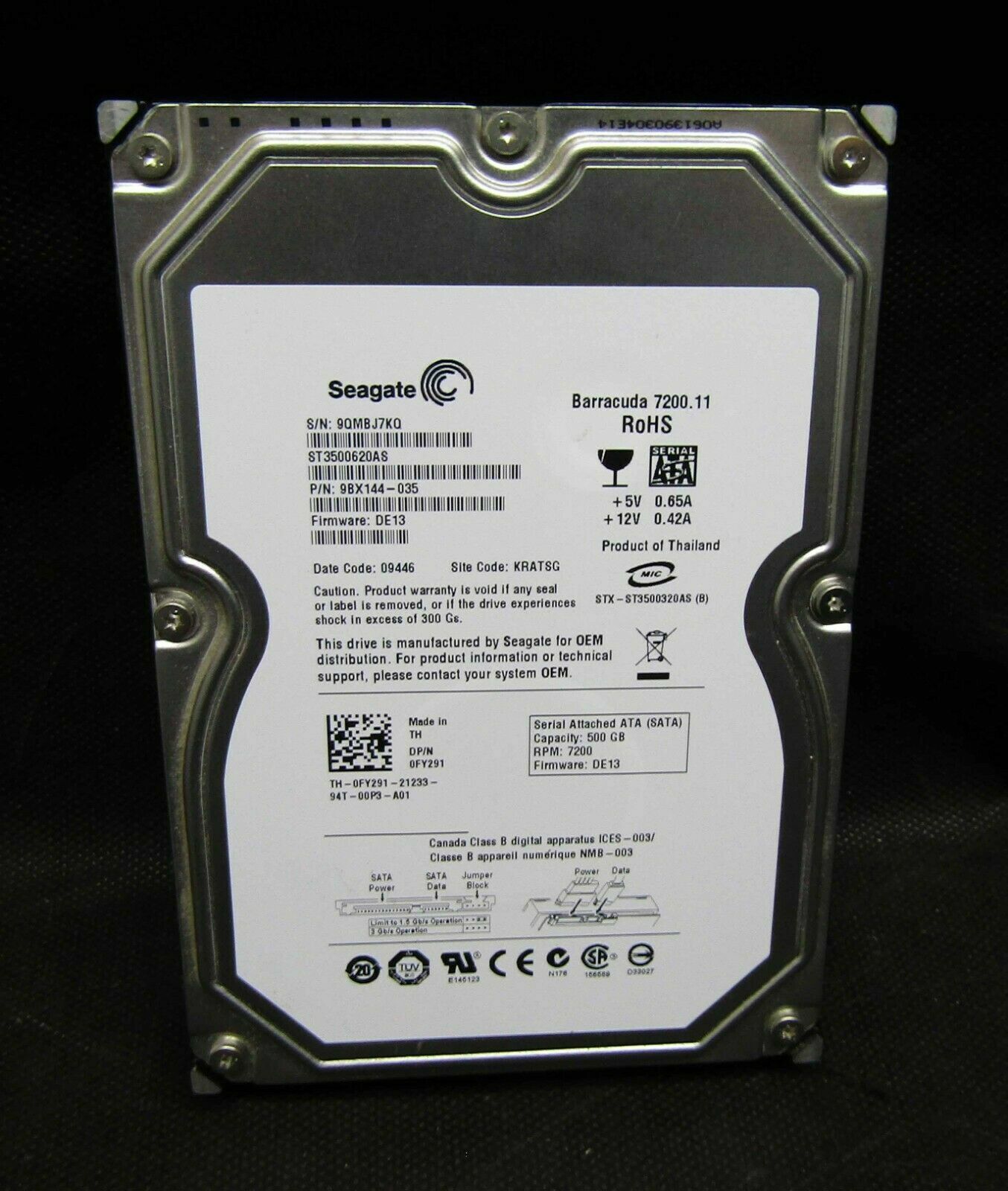 Dell Seagate,  500GB ST3500620  0FY291, FY291,  7.2K, 3.5" SATA HDD Hard Drive