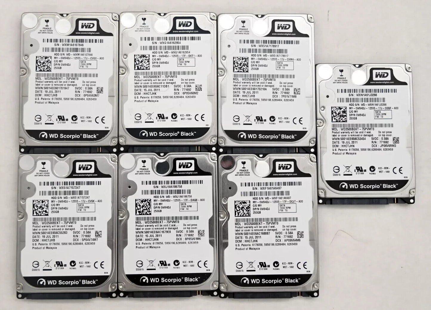 LOT Of 7  Western Digital WD2500BEK 250GB SATA Scorpio Black 2.5" 7200RPM HDD