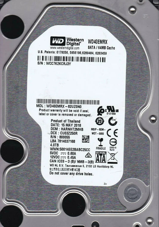 Western Digital WD40EMRX 4TB SATA 3.5 Internal Hard Drive WD 64MB Cache