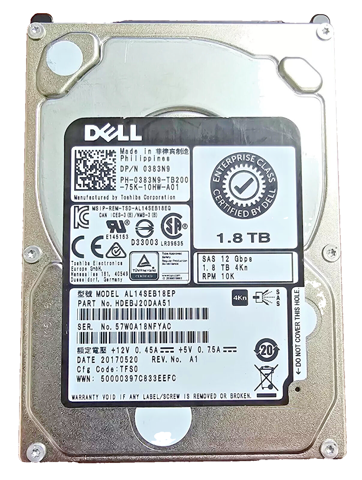 Dell HDEBJ20DAA51 2.5" 1.8TB SAS Hard Disk Drive SAS 10K 12GBPS 0383N9 