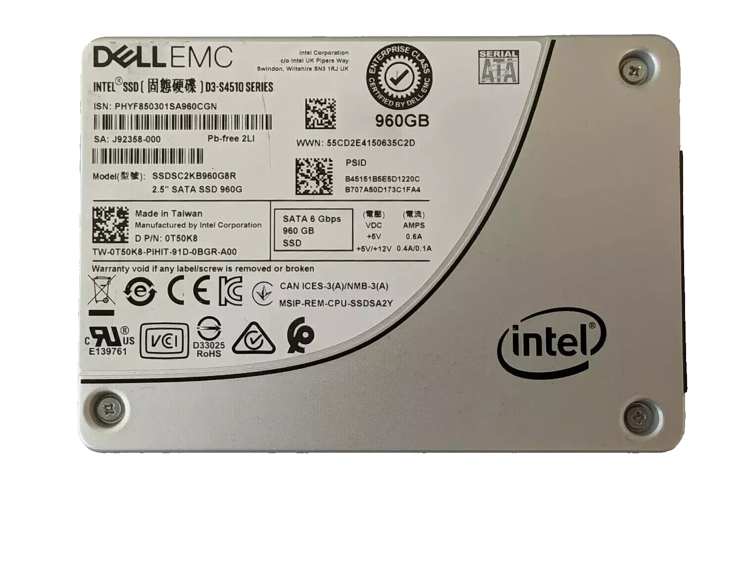 DELL EMC 0T50K8 D3-S4510 SERIES 960GB SATA 6Gbps 2.5' SSD SSDSC2KB960G8R T50K8
