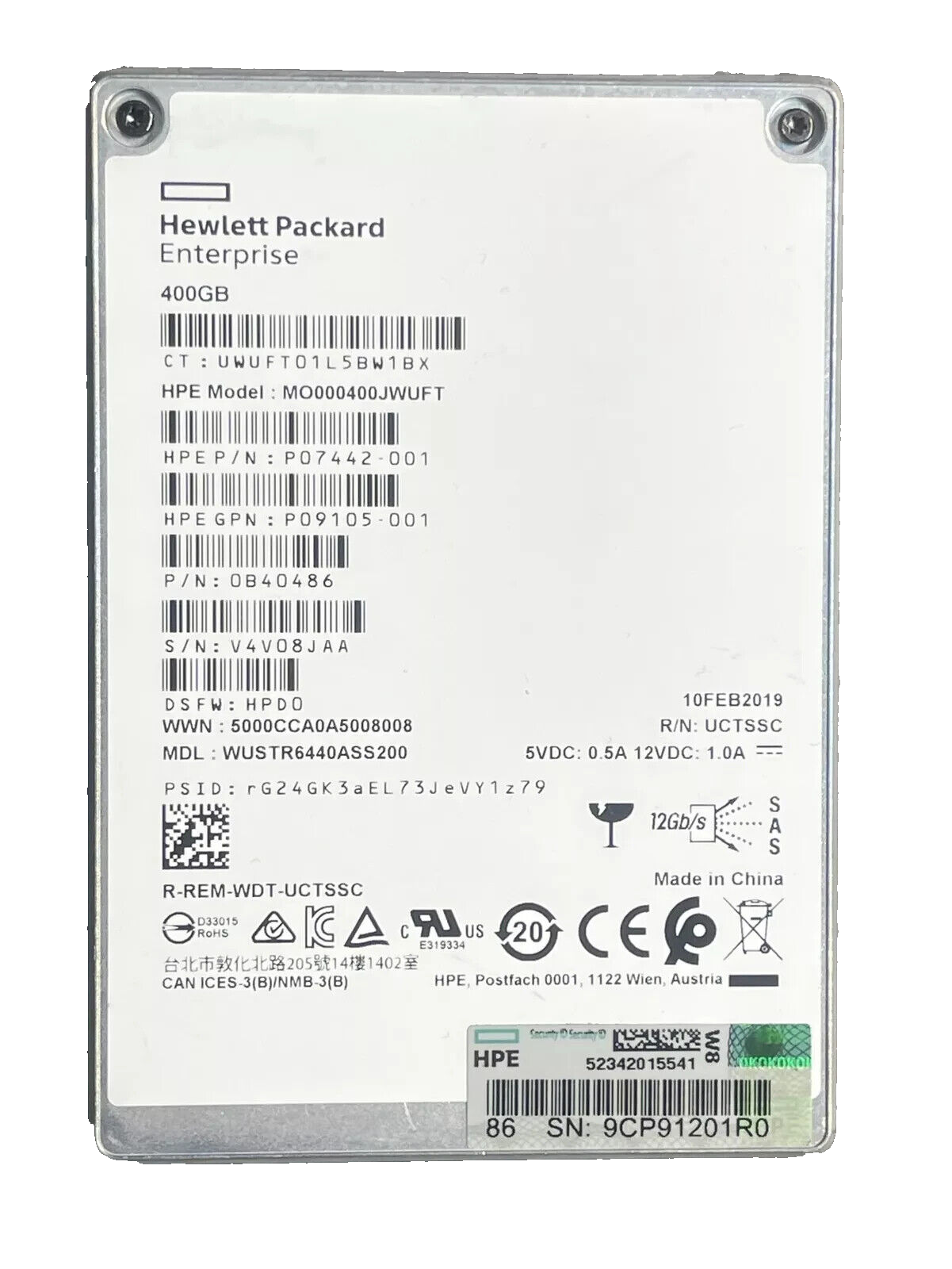 HPE 400GB SAS 12G MU SFF SSD MO000400JWUFT