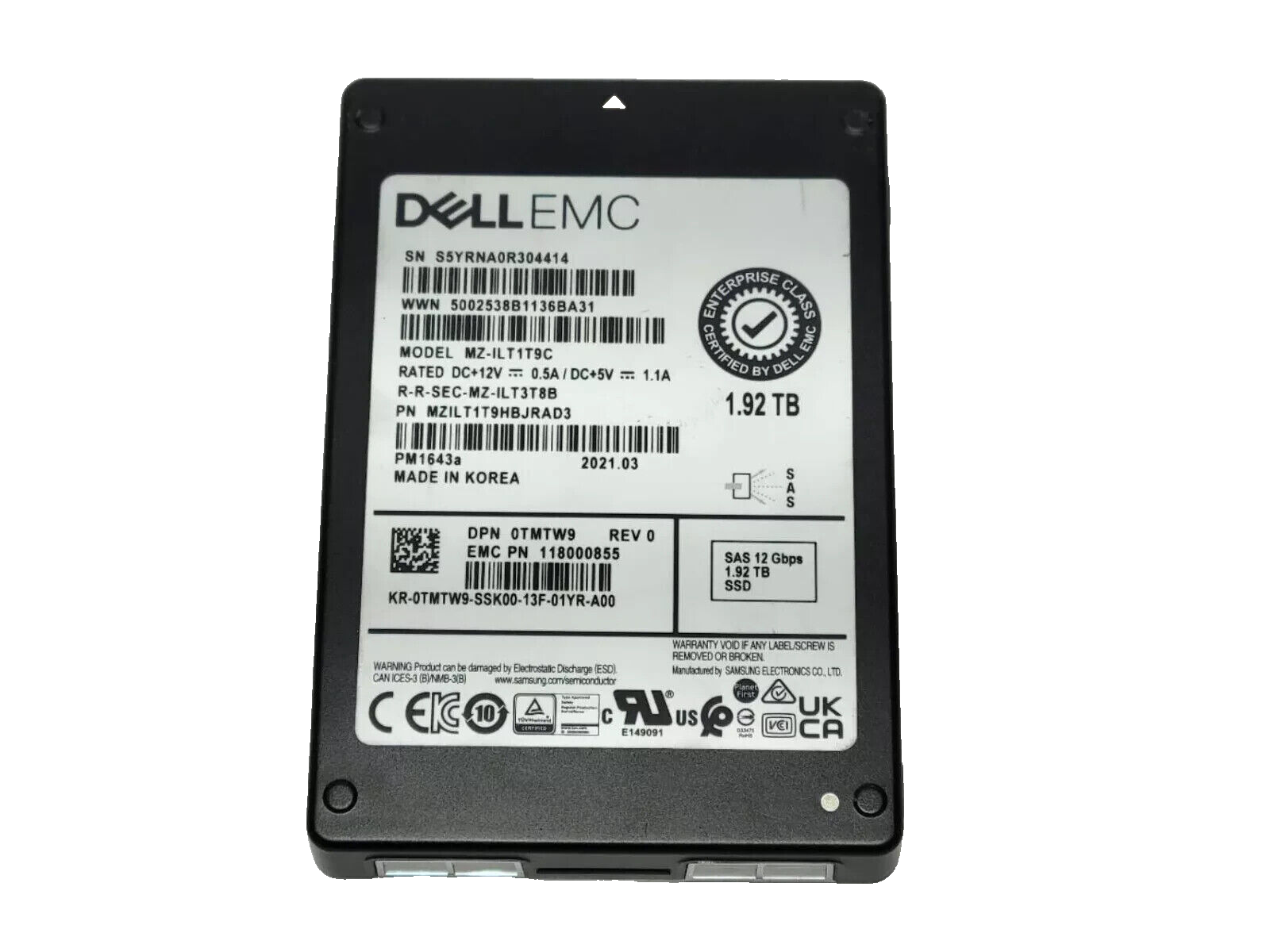 DELL EMC PM1643a 1.92TB 2.5" 12Gb/s SAS SSD MZILT1T9HBJRAD3 MZ-ILT1T9C 0TMTW9