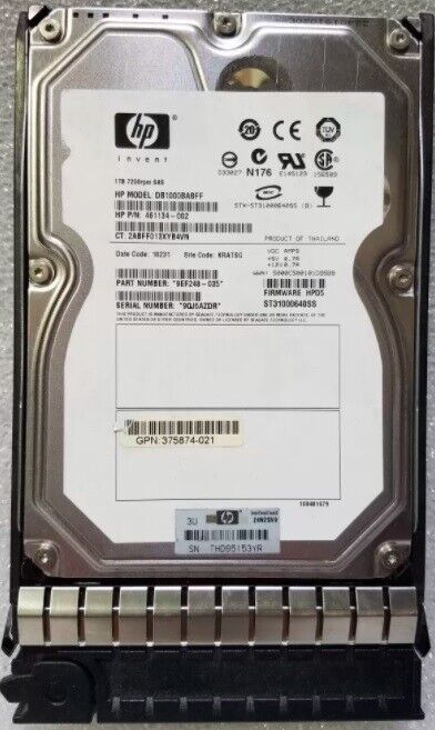 HP 461134-002 1TB DB1000BABFF ST31000640SS 3.5'SAS 7.2K Hard Drive W/Tray