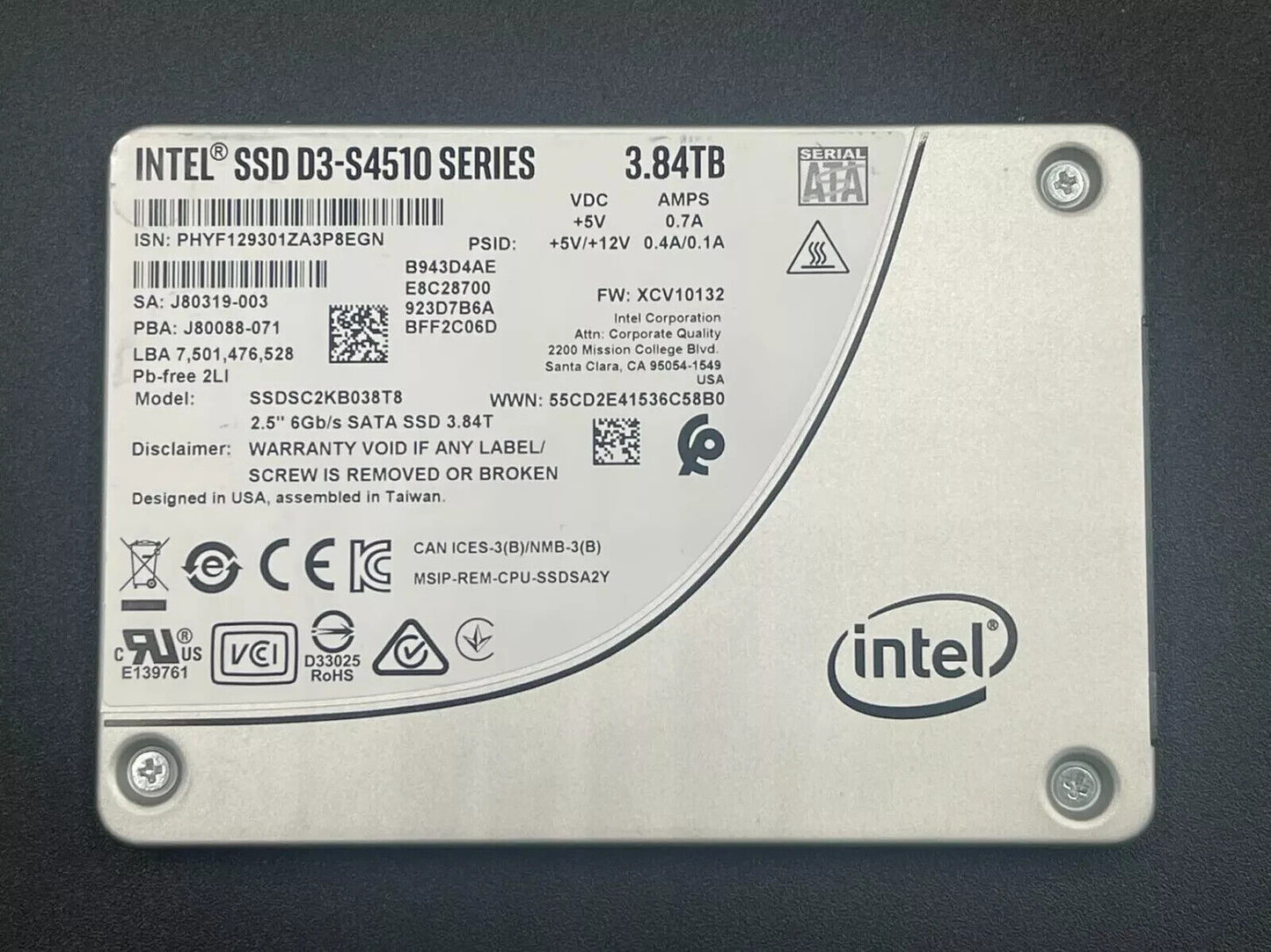 SSDSC2KB038T8 Intel D3-S4510 3.84TB 2.5" 6Gb/s SATA SSD Solid State Drive