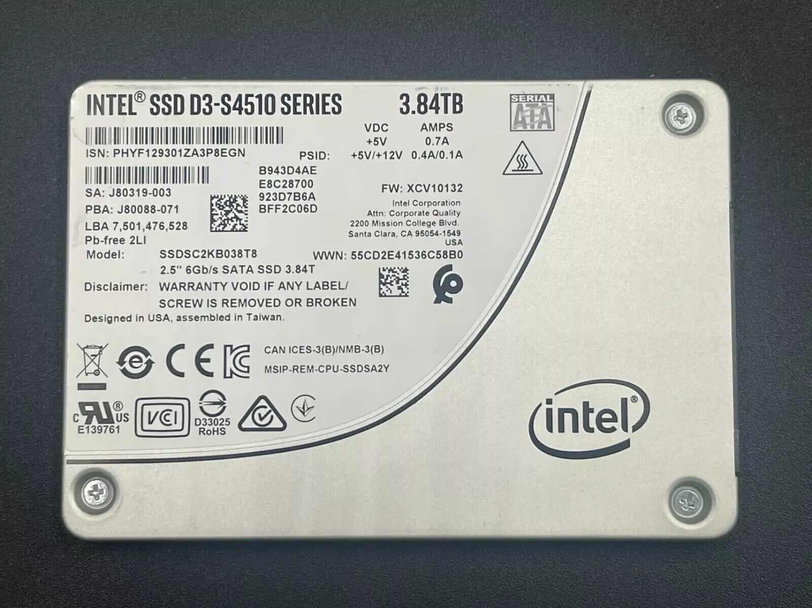 SSDSC2KB038T8 Intel D3-S4510 3.84TB 2.5" 6Gb/s SATA SSD Solid State Drive