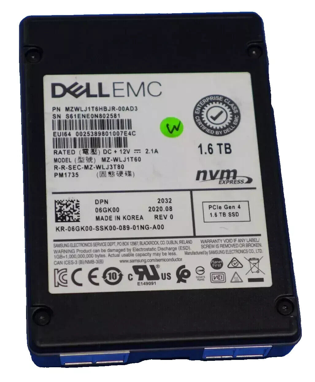 Dell EMC 1.6TB SSD Samsung PM1735 2.5" U.2 NVMe PCIe 4.0 Drive MZ-WLJ1T60 6GK00
