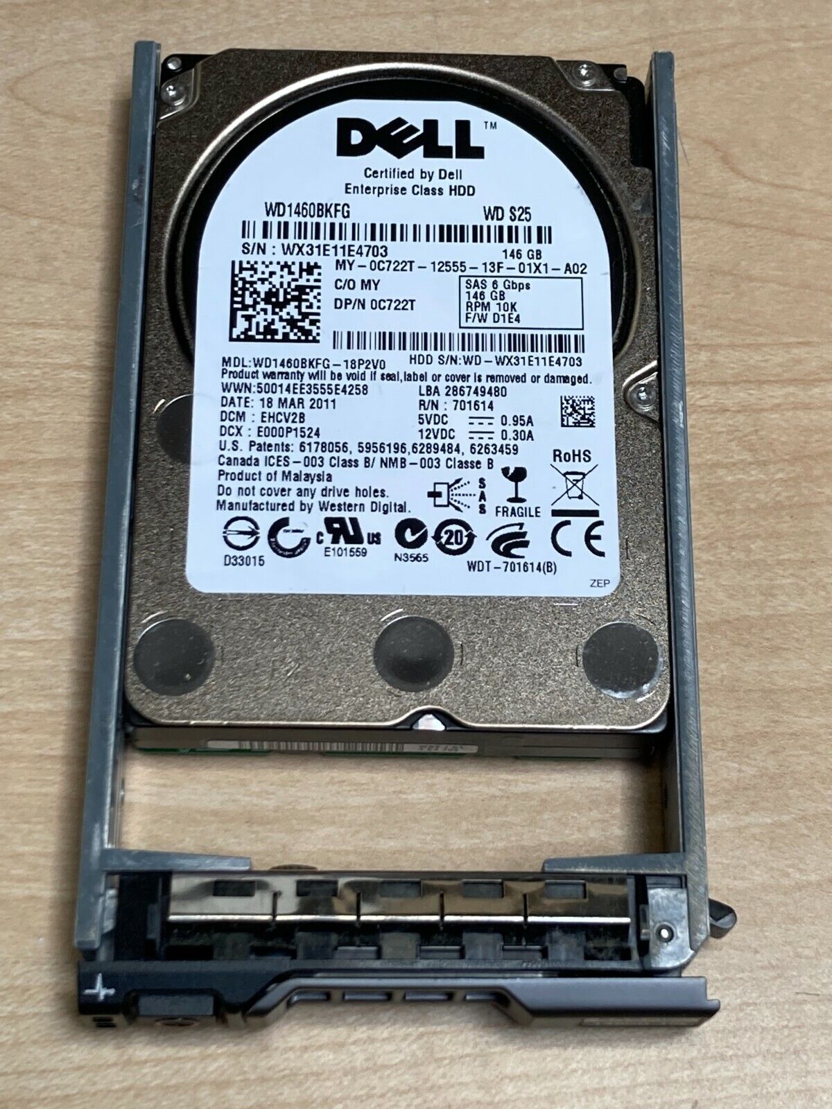DELL HDD 146GB 0C722T C722T WD1460BKFG 2.5" 6Gbps 10K RPM SAS HARD DRIVE
