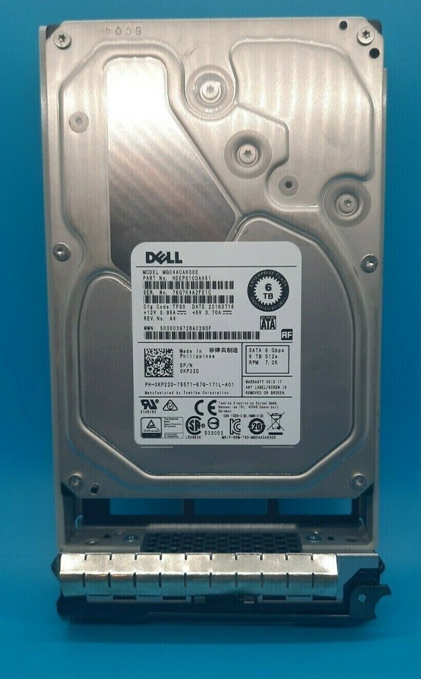 KP22D Dell 6TB 7200 6Gb/s 512e 128MB SATA 3.5'' Hard Drive Dell Tray MG04ACA600E