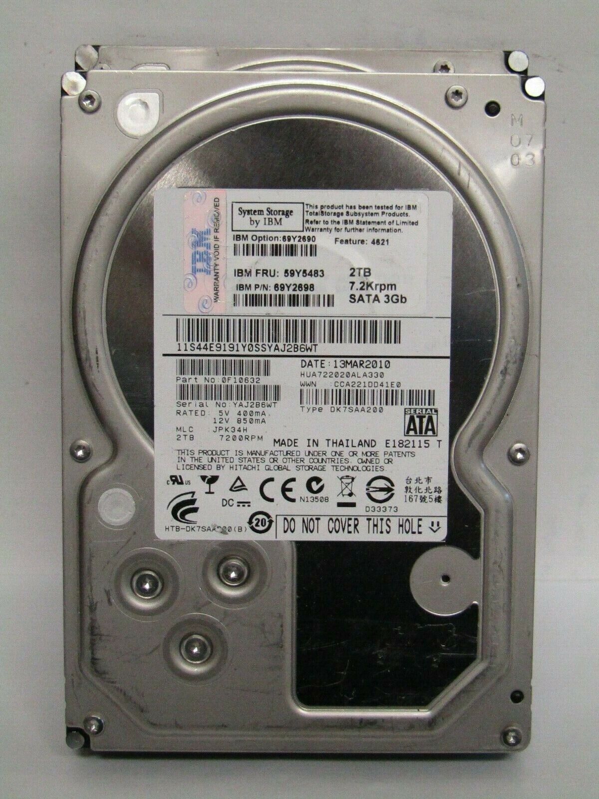IBM 59Y5483 2TB 7200RPM 3.5" SATA HITACHI HUA722020ALA330 69Y2698 F10632