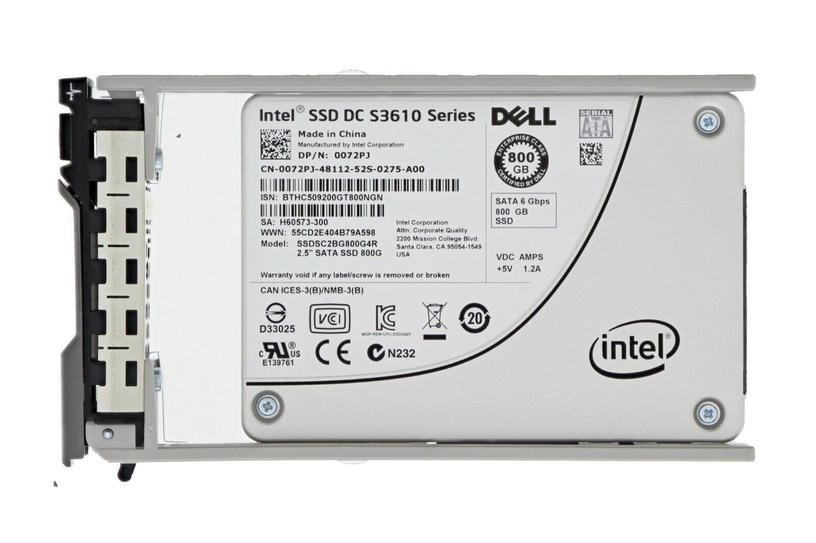 DELL intel  800GB S3610 SERIES SSDSC2Bg800G4R 6Gbs 2.5" SATA SSD 072pj warranty