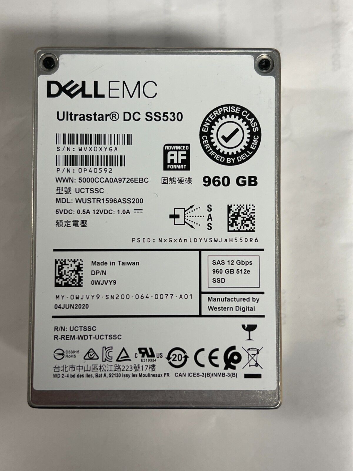 0WJVY9  DELL ULTRASTAR DC SS530 960GB 12GBS 2.5"  SSD SAS HARD DRIVE 0WJVY9