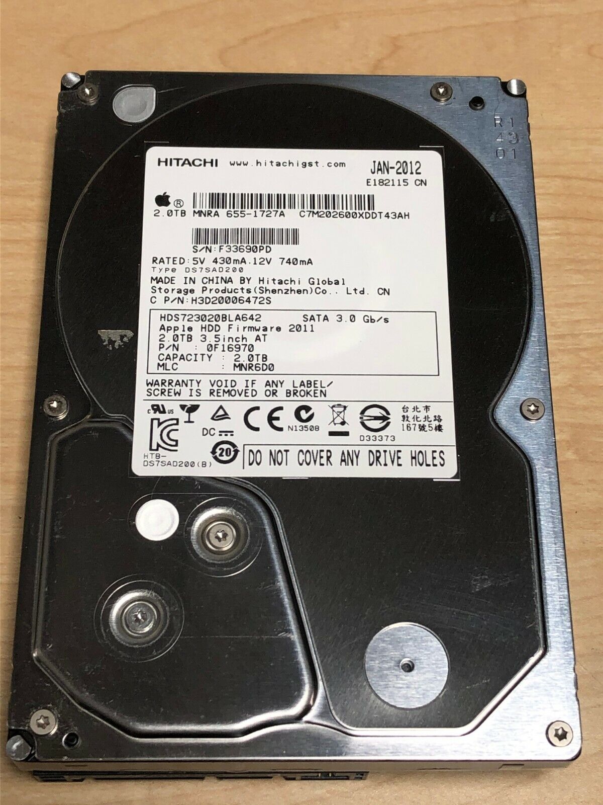 Hitachi HDS723020BLA642 PN:0F16970 MLC:MNR6D0 Apple 655-1727A 2.0TB Sata HDD