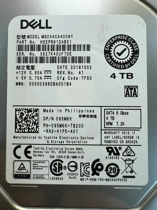 Dell 095M6K MG04ACA400NY 4TB 7.2K RPM 6Gbps SATA 3.5" Internal Hard Drive HDD