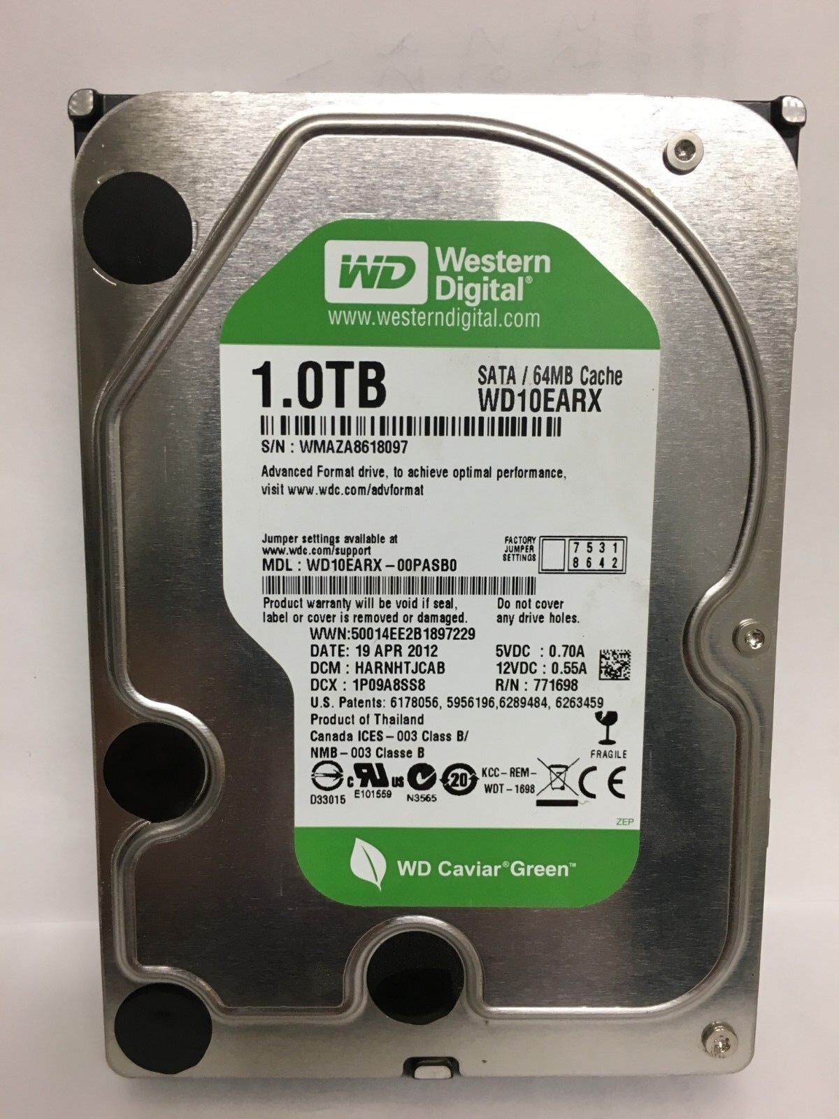 Western Digital WD10EARX 1TB 5400RPM 6Gb/s 3.5" SATA Hard Drive Caviar Green HDD