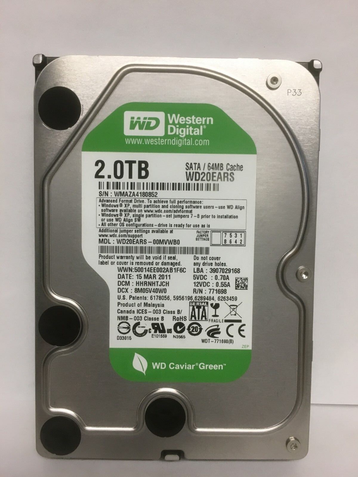 Western Digital Caviar Green 3.5" 2TB 64M 3Gbps SATA Desktop Hard Drive WD20EARS
